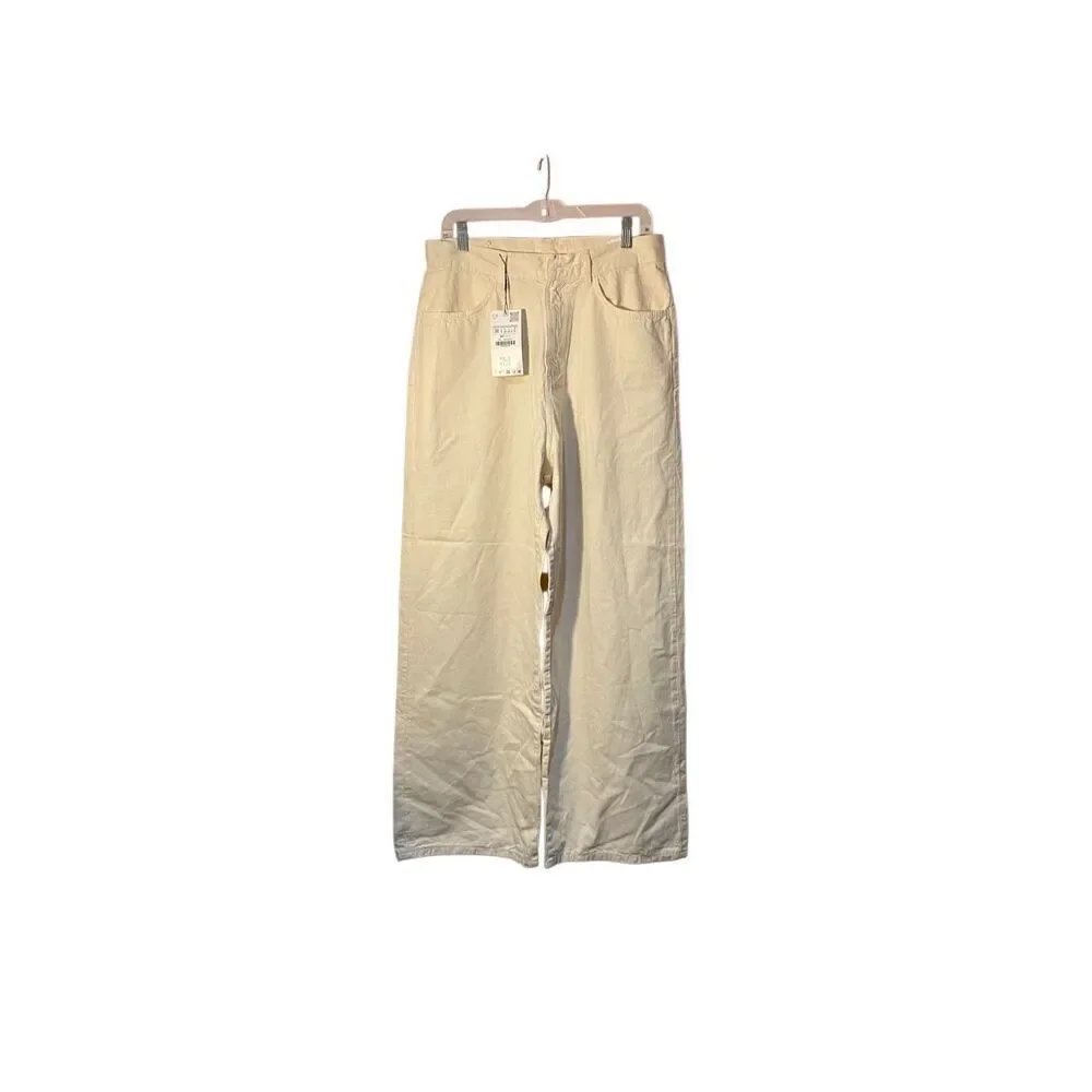 Zara Woman’s Cotton Linen Blend Cream High Waisted Boxy Pants Size 30 NWT